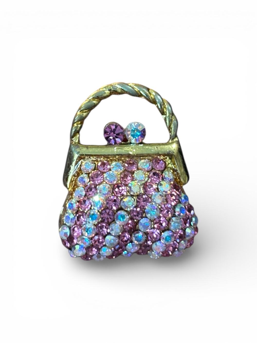 Vintage Rhinestone Handbag Purse Brooch Pink Aurora Borealis Gold Tone Novelty
